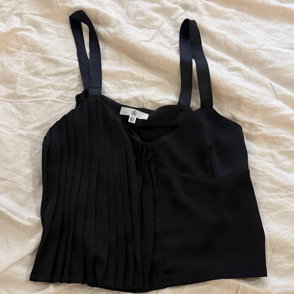 Black Pleated Split-Panel Satin Cami Top